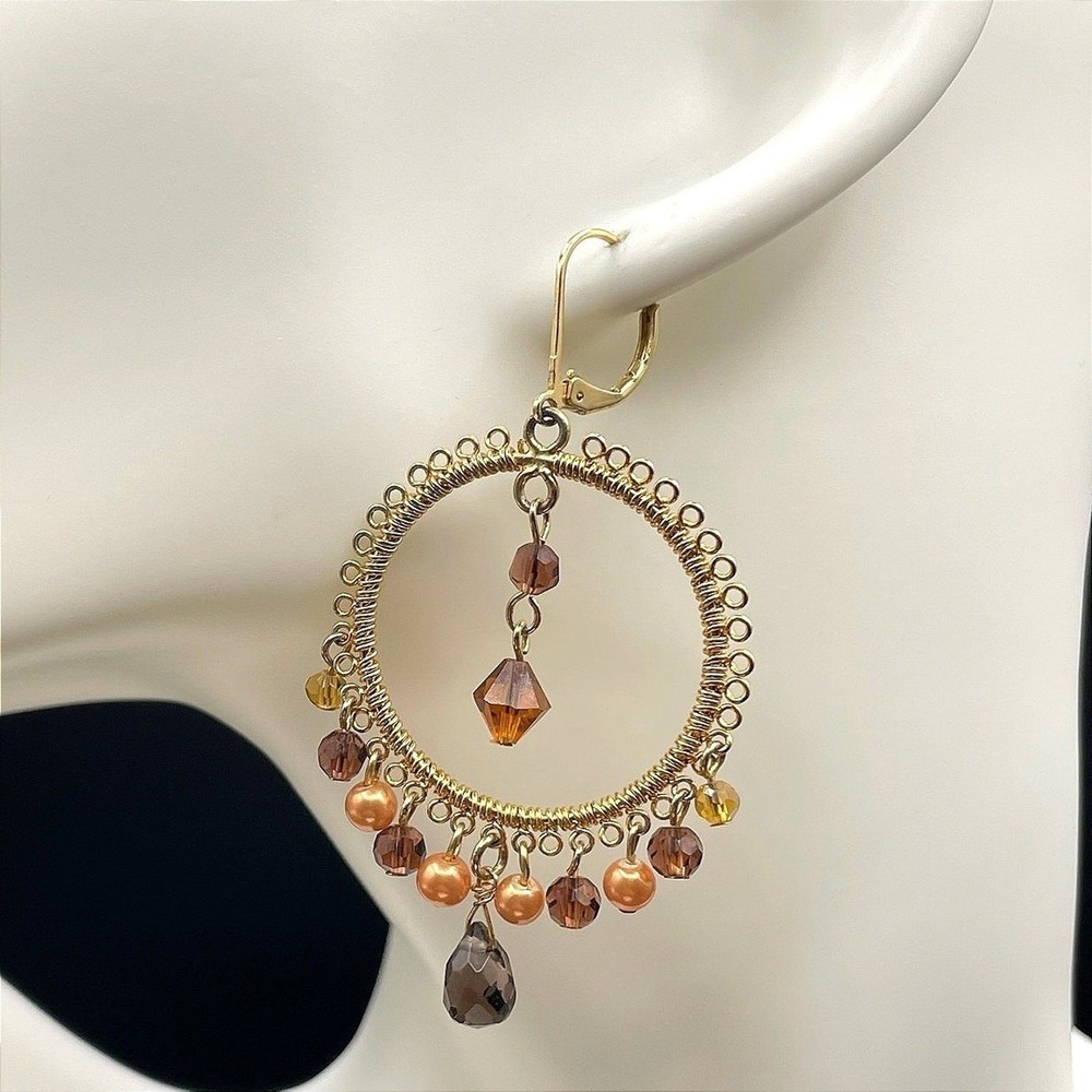 VTG Gold-Tone Faceted Glass Beaded Wire-Wrapped Hoop Chandelier Dangle Earrings